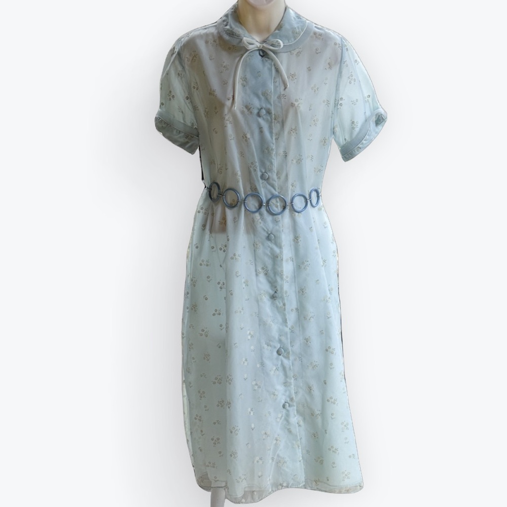 Vintage 50s 60s Baby Blue Flocked Floral Negligée Becomes Cocktail or Prom Dress